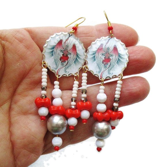 Red White Grey Goth Earrings Handmade Red Wings & Crucifix Gothic Style - Picture 6 of 8
